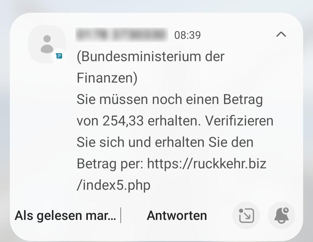 Screenshot einer SMS, die angeblich vom Bundesfinanzministerium stammt